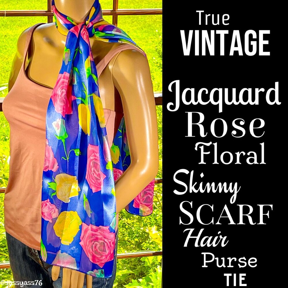 ▪️VTG▪️Jacquard Satin Stripe Rose Floral Skinny Scarf Hair Purse Tie Sash Belt
